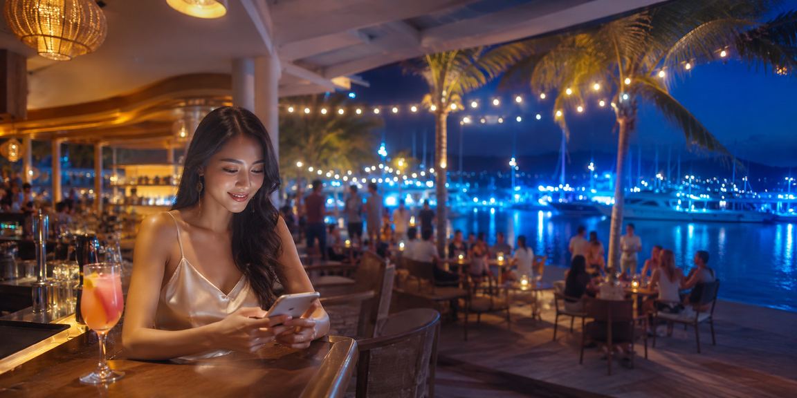 Người chơi sử dụng điện thoại tại bãi biển Phú Quốc để nạp tiền và theo dõi tỷ lệ kèo nhanh chóng